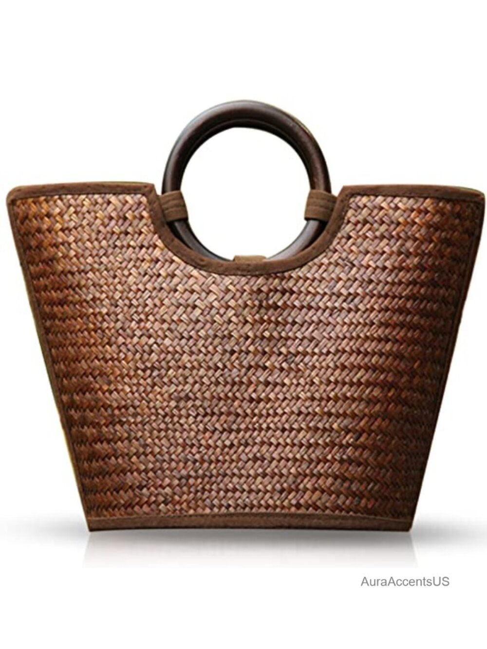 Straw Woven Tote Bag Handmade Rattan Wooden Handle Boho Summer Beach